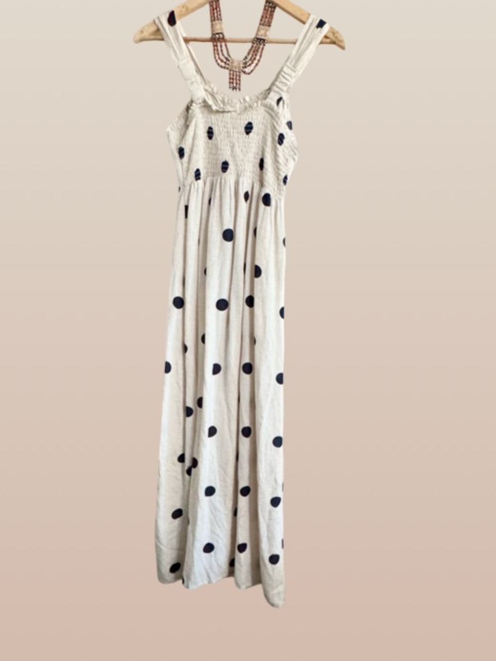 Sincerely Jules Cream PolkaDot,Button-Front,stretch waist, linen blend dress - Picture 4 of 7